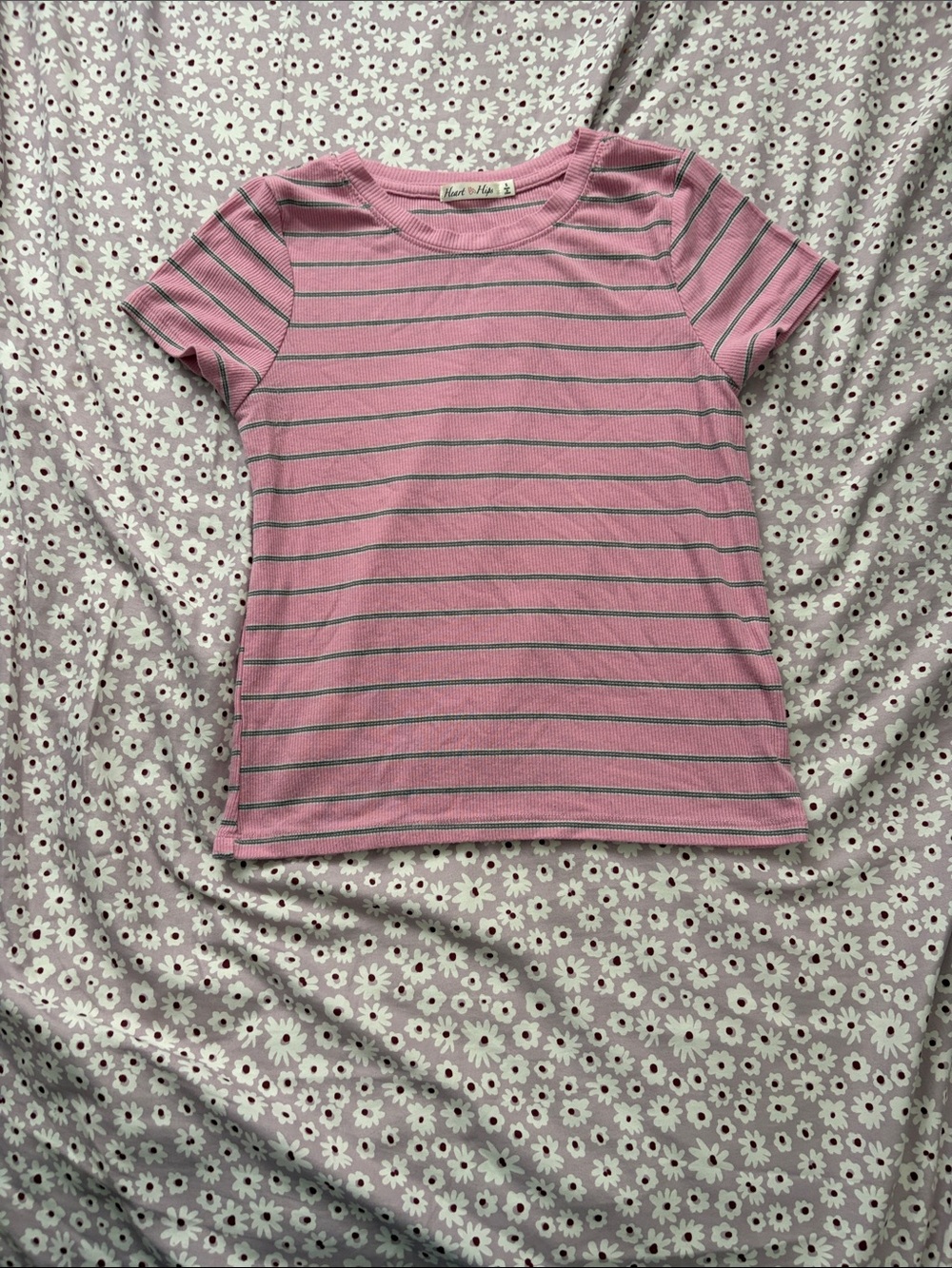 Heart & Hips Pink and Gray Striped Short Sleeve Tee